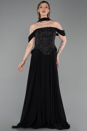 Kayık Yaka Taşlı Peplum Kesim Uzun Şifon Abiye ABU6221