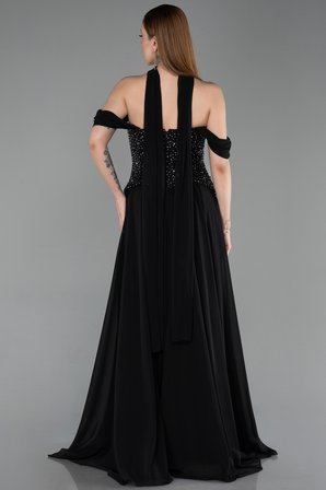 Kayık Yaka Taşlı Peplum Kesim Uzun Şifon Abiye ABU6221
