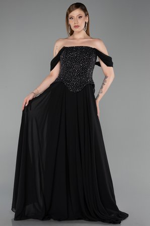 Kayık Yaka Taşlı Peplum Kesim Uzun Şifon Abiye ABU6221