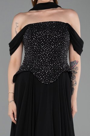 Kayık Yaka Taşlı Peplum Kesim Uzun Şifon Abiye ABU6221