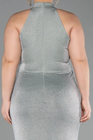 Halter Yaka Yırtmaçlı Uzun Simli Büyük Beden Abiye ABU6311