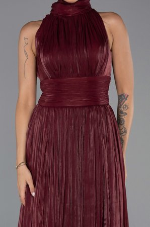 Halter Yaka Pliseli Uzun Şifon Abiye Elbise ABU6352