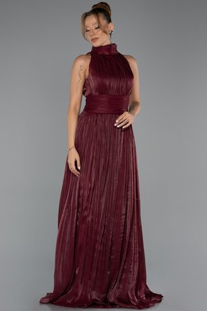 Halter Yaka Pliseli Uzun Şifon Abiye Elbise ABU6352