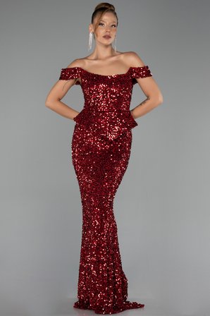 Kayık Yaka Peplum Kesim Uzun Pullu Abiye ABU6359