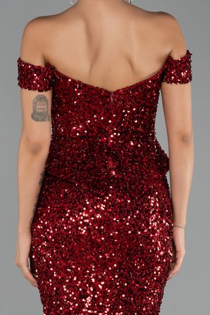Kayık Yaka Peplum Kesim Uzun Pullu Abiye ABU6359