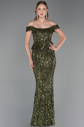Kayık Yaka Peplum Kesim Uzun Pullu Abiye ABU6359