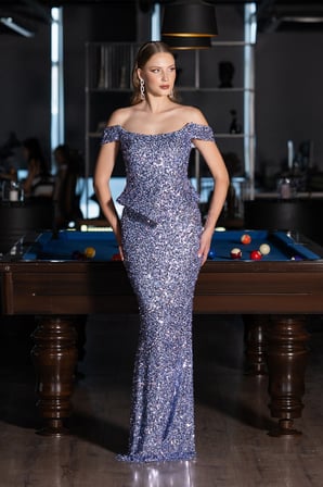 Kayık Yaka Peplum Kesim Uzun Pullu Abiye ABU6359