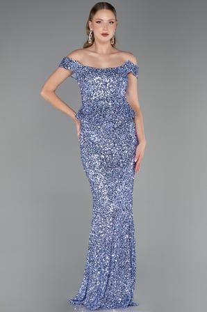 Kayık Yaka Peplum Kesim Uzun Pullu Abiye ABU6359