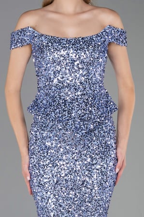 Kayık Yaka Peplum Kesim Uzun Pullu Abiye ABU6359