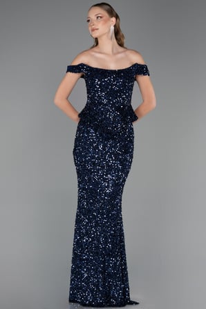Kayık Yaka Peplum Kesim Uzun Pullu Abiye ABU6359