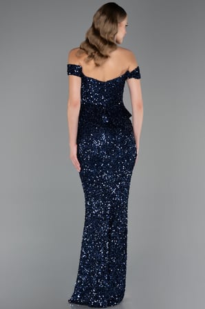 Kayık Yaka Peplum Kesim Uzun Pullu Abiye ABU6359