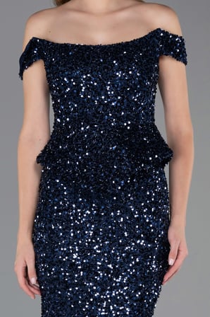 Kayık Yaka Peplum Kesim Uzun Pullu Abiye ABU6359