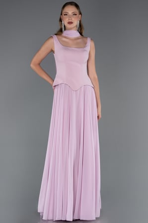 Kolsuz Kare Yaka Peplum Kesim Uzun Şifon Abiye ABU6369