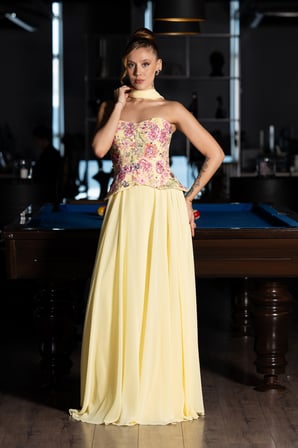 Payetli Straplez Yaka Peplum Uzun Şifon Abiye ABU6391
