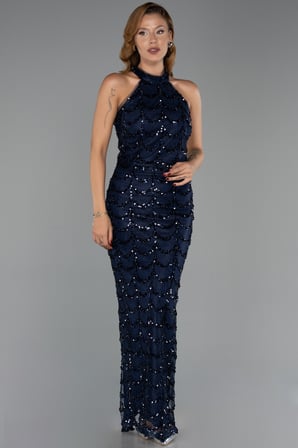 Dantelli Halter Yaka Uzun Pullu Balık Abiye Elbise ABU6405