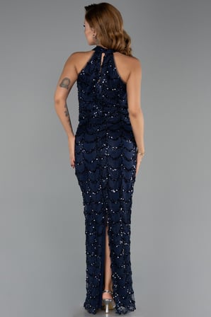 Dantelli Halter Yaka Uzun Pullu Balık Abiye Elbise ABU6405