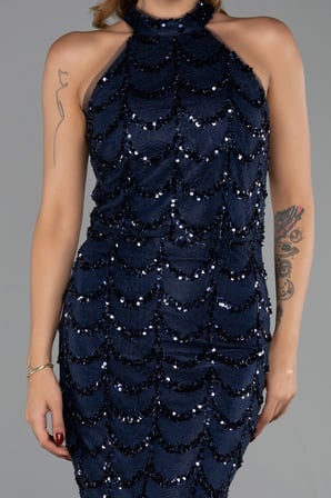 Dantelli Halter Yaka Uzun Pullu Balık Abiye Elbise ABU6405