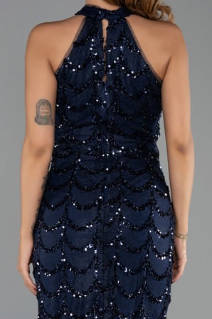 Dantelli Halter Yaka Uzun Pullu Balık Abiye Elbise ABU6405