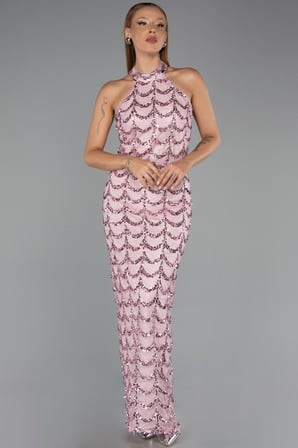 Dantelli Halter Yaka Uzun Pullu Balık Abiye Elbise ABU6405