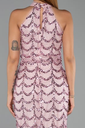 Dantelli Halter Yaka Uzun Pullu Balık Abiye Elbise ABU6405
