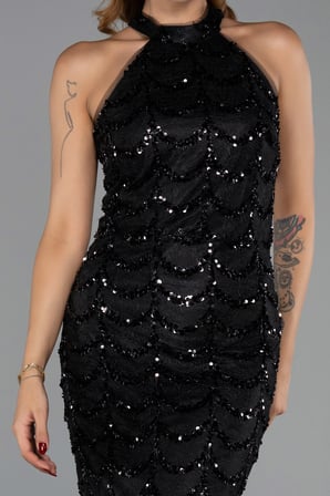 Dantelli Halter Yaka Uzun Pullu Balık Abiye Elbise ABU6405