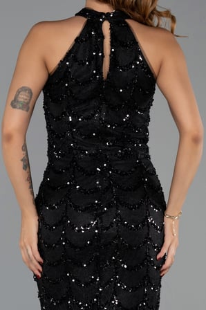 Dantelli Halter Yaka Uzun Pullu Balık Abiye Elbise ABU6405