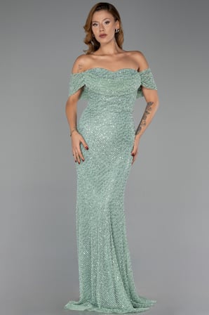 Kayık Yaka Uzun Boncuklu Abiye Elbise ABU6411