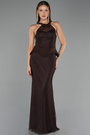Halter Yaka Peplum Uzun Dantel Abiye Elbise ABU6425