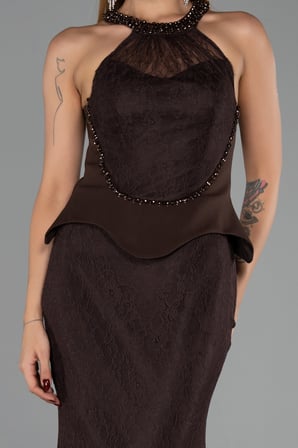 Halter Yaka Peplum Uzun Dantel Abiye Elbise ABU6425