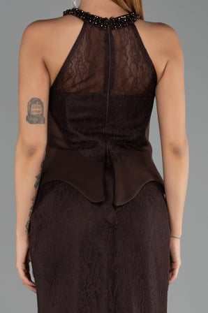 Halter Yaka Peplum Uzun Dantel Abiye Elbise ABU6425
