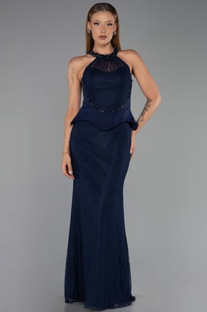 Halter Yaka Peplum Uzun Dantel Abiye Elbise ABU6425