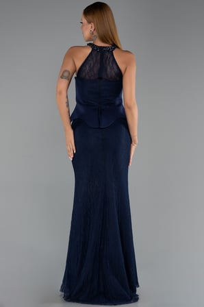 Halter Yaka Peplum Uzun Dantel Abiye Elbise ABU6425