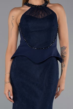 Halter Yaka Peplum Uzun Dantel Abiye Elbise ABU6425
