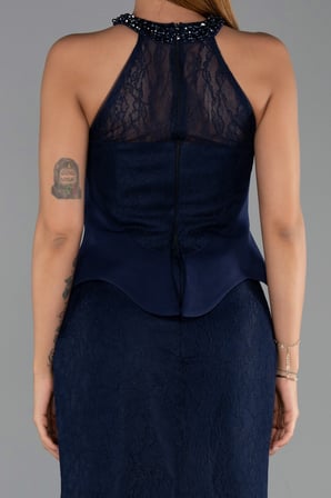 Halter Yaka Peplum Uzun Dantel Abiye Elbise ABU6425