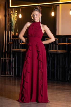 Halter Yaka Uzun Şifon Mezuniyet Elbisesi ABU6506