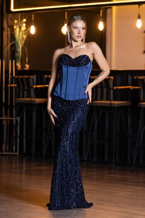 Straplez Portatif Korse Detay Uzun Pullu Abiye ABU6556