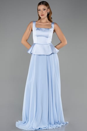 Saten Kare Yaka Peplum Uzun Şifon Abiye Elbise ABU6568