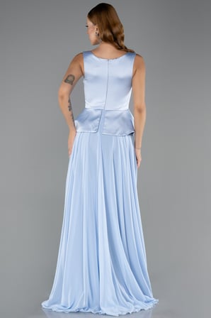 Saten Kare Yaka Peplum Uzun Şifon Abiye Elbise ABU6568