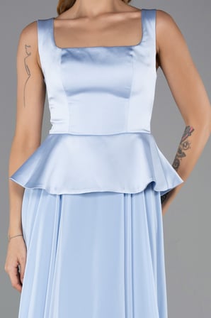 Saten Kare Yaka Peplum Uzun Şifon Abiye Elbise ABU6568