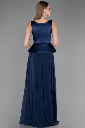 Saten Kare Yaka Peplum Uzun Şifon Abiye Elbise ABU6568