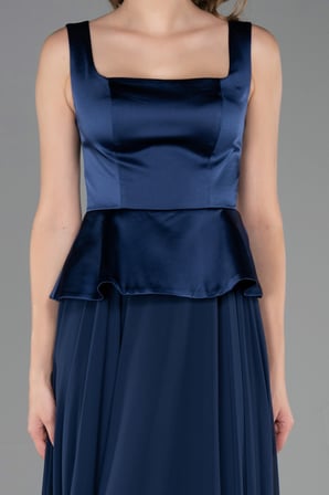 Saten Kare Yaka Peplum Uzun Şifon Abiye Elbise ABU6568