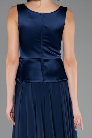 Saten Kare Yaka Peplum Uzun Şifon Abiye Elbise ABU6568