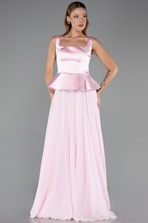Saten Kare Yaka Peplum Uzun Şifon Abiye Elbise ABU6568