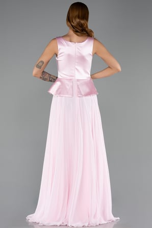 Saten Kare Yaka Peplum Uzun Şifon Abiye Elbise ABU6568