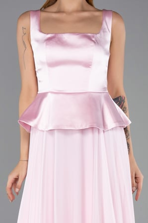 Saten Kare Yaka Peplum Uzun Şifon Abiye Elbise ABU6568