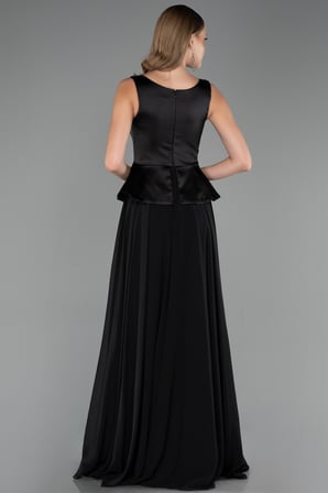 Saten Kare Yaka Peplum Uzun Şifon Abiye Elbise ABU6568