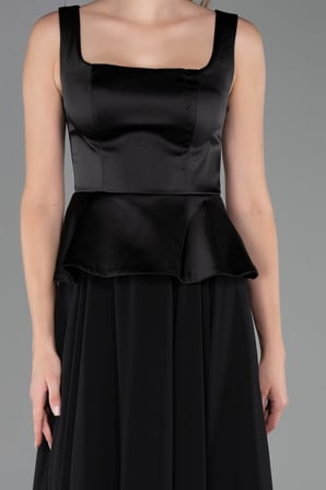 Saten Kare Yaka Peplum Uzun Şifon Abiye Elbise ABU6568