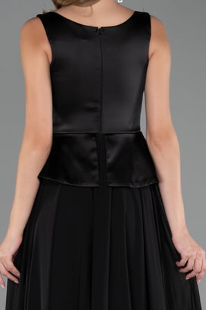 Saten Kare Yaka Peplum Uzun Şifon Abiye Elbise ABU6568