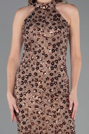 Halter Yaka Uzun Pullu Dantel Abiye Elbise ABU6578