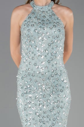 Halter Yaka Uzun Pullu Dantel Abiye Elbise ABU6578